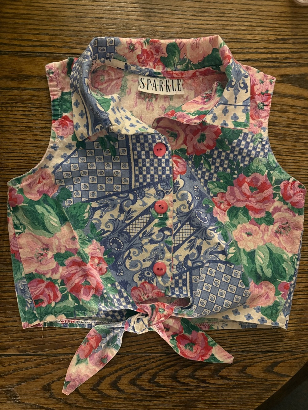 Vintage 90s Sparkle Girls Floral Tie Front Crop Top Vest Shirt USA Made size 6X